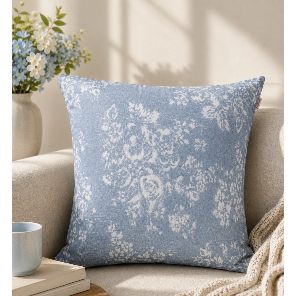 Cath Kidston London Blue White Floral Pillowcase Cotton Linen Slub 22" No insert